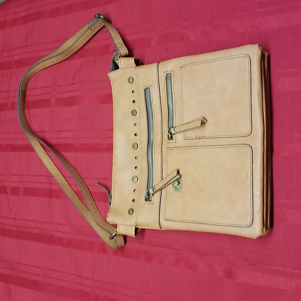 Women’s Crossbody Purse Tan Faux Leather Bag w/ Multi Pockets & Adjustable Strap